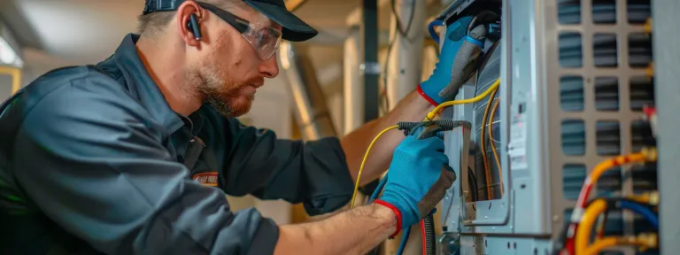 an hvac technician swiftly repairing an ac unit in a busy agency office.