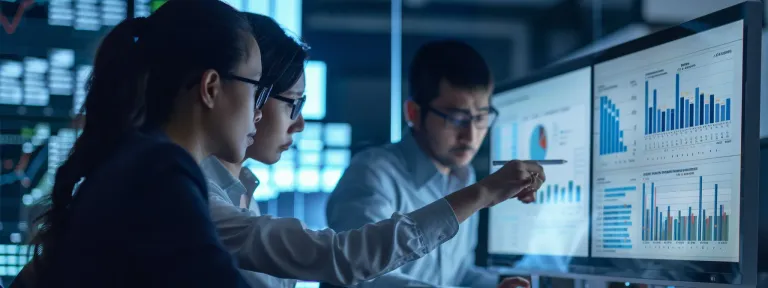 two business professionals in an office looking at a computer screen showing graphs and data related to ac repair woodstock.