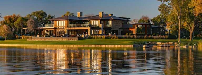 a stunning luxury lakefront home glimmers under the sun, reflecting its exclusivity and scenic beauty.