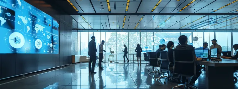 a sleek, modern office bustling with professionals engaged in a strategy session, surrounded by digital displays showcasing ai-driven marketing insights.