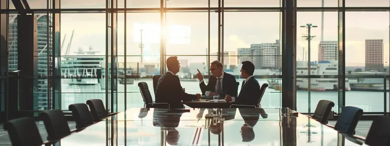 business professionals gathered around a table in a modern office, pointing to a large anchor symbol on a digital screen while engaged in animated discussion.