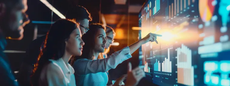 a dynamic team collaborates around a digital performance dashboard, strategizing b2b seo solutions for clients.