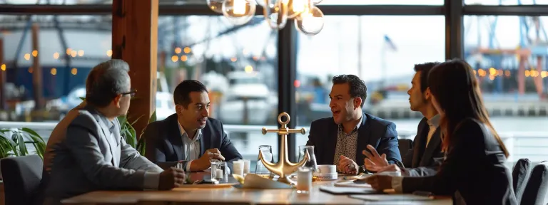 a group of business professionals gathered around a table with a large anchor displayed, discussing the benefits of cash home buyers in puyallup.