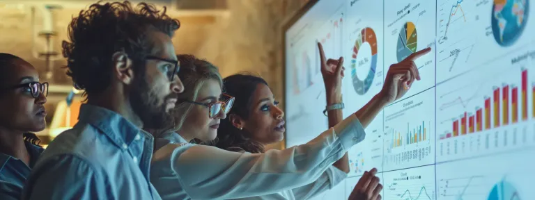 a diverse group of professionals huddled around a whiteboard covered in charts and graphs, engaged in a lively discussion about the benefits of social era marketing.