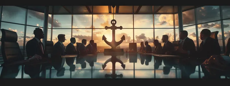 a group of business professionals in a boardroom pointing to a large anchor symbolizing fortune 500 benefits for small businesses in the brand industry.